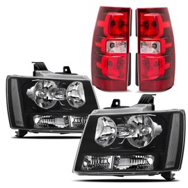 Headlights w/Tail Lights Assembly Kits compatible with 2007-2013 Chevy Tahoe Suburban, Replacement Head lights Rear Brake Lamp Set, Black Housing Clear Reflector