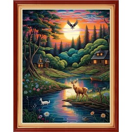 Findvoor Stamped Cross Stitch Kits for Beginner Embroidery Kits for Beginners Adults DIY 11CT Cross Stitch Patterns Needlepoint Kits Crossstitching Kits-Night View of The Creek 16x20 inch