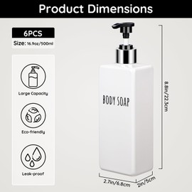 Segbeauty Pump Dispenser, Pack of 6, 500 ml Shower Gel Dispenser, Empty Shampoo Dispenser, Soap Dispenser, Refillable, Empty Shampoo Dispenser, Bathroom Set, White