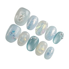 Herbeluemily Nail Tip, Short, Handmade, 3D Storage Case, 10 Pieces, Flower, Mermaid, Oval Blue, M
