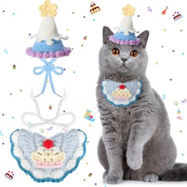 Sanwuta 2 Pcs Cat Birthday Party Supplies, Knit Cat Hat Kitten Birthday Bib Knit Bandana Pet Party Costume Headwear Accessories for Puppy Cat Kitten Small Dogs Animals (Blue)