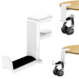 BASVII Headset Holder Table - Headphone Stand Made of ABS and Metal, Stable and Not Easy to Break, 360° Rotatable Space-Saving - Headphone Holder Suitable for Computer Desks, Cabinets, White