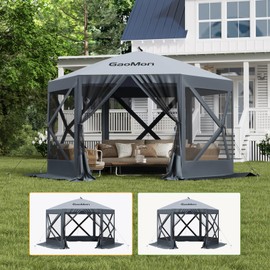 GAOMON 12x12ft Camping Gazebo, Portable Pop Up Canopy Screen Tent 6 Sided with Mesh Windows and Carry Bag for Camping, Outdoor, Picnic, Backyard Party Outside Activities, Gray