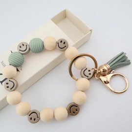 MyfavoriteK Tassel Smiley Keychain Bracelet for Women Wooden Happy Faces Beaded Key Ring Wristlet Key Chain for Car Keys (Grey)