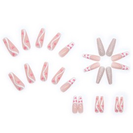 Hkanlre Press on Nails Long Coffin Fake Bling Nails Acrylic Full Cover Heart False Swirl Nails for Women and Girls 24PCS