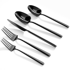 Oval Black 20-Piece Silverware Set, Forged Stainless Steel Flatware Set with American Design, Modern Cutlery Set, Service for 4, Dishwasher Safe