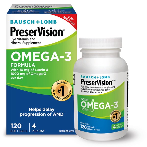 PreserVision Omega-3 Eye Vitamin & Mineral Supplement, Contains Omega-3, Lutein, Vitamin C, Zeaxanthin, Zinc & Vitamin E, 120 Softgels