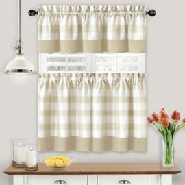 GoodGram Modern Country Farmhouse 3 Piece Buffalo Plaid Checkered Cafe Kitchen Curtain Tier & Valance Set - Assorted Colors & Sizes (Linen, 36 in. L)