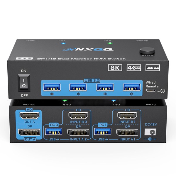 HDMI + Displayport KVM Switch 2 Monitors 2 Computers, ANXQQ