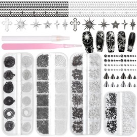 Goth Spike & Starburst Cross Nail Studs, Black Silver Beads & Chains