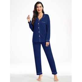 YOPUGEE Womens Modal Button Up Pajamas 2 Piece Long Sleeve Pjs Sleepwear Soft Pajama Lounge Set Loungewear Navy Blue L