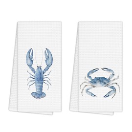 EGBTL Coastal Beach Kitchen Towels, Blue Lobster Crab Ocean Nautical Hand Towels for Bathroom Decor, Ocean Beach Lover Gifts Dishcloths Dish Towel for Kitchen 16x24 Inches