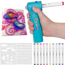 Air Color Airbrush Marker Kit for Kids, Cordless and Rechargeable Air Brush Set Includes 10 Washable Markers, 86 Stencils, Charging Cable, Arts &Crafts Gift Set for Painting, Coloring, School Projects