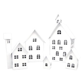 UNUS Decorative Houses Set of 5 Metal Light Houses in White, Autumn Decoration Outdoor, Christmas Village for Garden, Patio or Balcony
