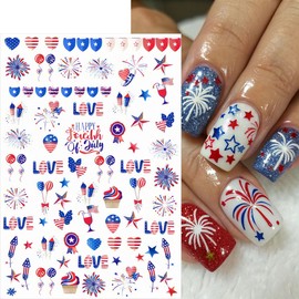 6 Sheets 4th of July Nail Art Stickers 3D Self Adhesive Independence Day Nail Stickers Patriotic American Flag Design Nail Art Supplies Pegatinas Uñas Fireworks Nail Sticker for Women Acrylic Manicure