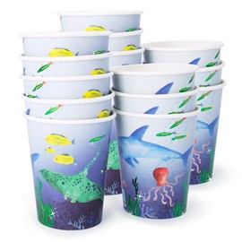 PARTY PARTY 16 Iridescent Underwater Party Cups Glitter Fish Paper Cups Ocean Kids Birthday Birthday for Hot and Cold Drinks 220ml