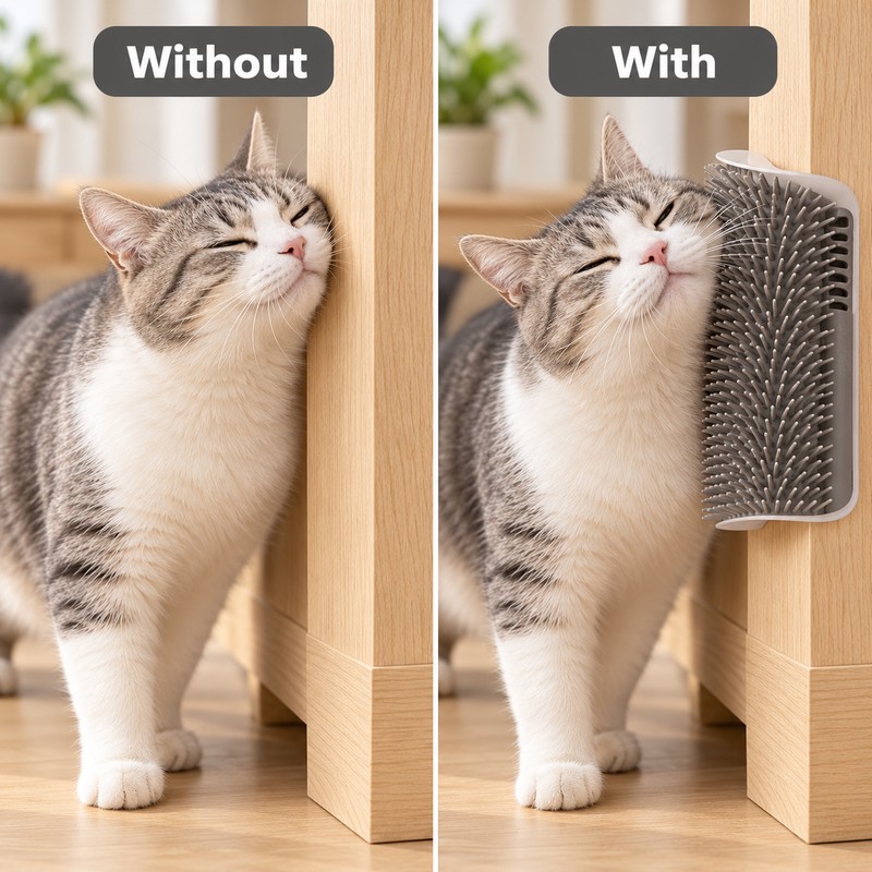 Wall Corner Cat Grooming Brush for Self-Grooming – Curved Massage