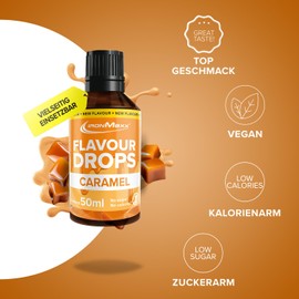 IronMaxx Flavour Drops - Karamell 50ml | kalorienfrei & zuckerfrei | vegane Aromatropfen zum süßen von Lebensmitteln | praktischer Tropfer-Verschluss