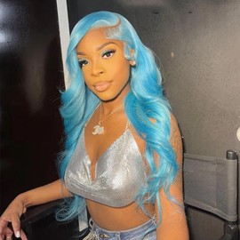 SXFYINONH Light Blue Body Wave Lace Front Wigs Human Hair 13X4 Human Hair Wigs HD Lace Front Breathable Hair Pre Plucked HD Transparent 180% Density 20 Inch