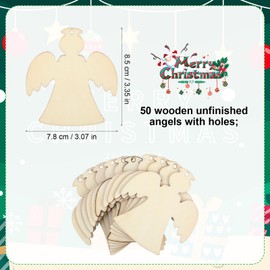 50pcs Wooden Angel Christmas Ornament, Unfinished Wood Christmas Ornaments with Hole Paintable Christmas Decoration Hanging Wood Christmas Pendants Blank Wooden Ornaments for DIY Crafts