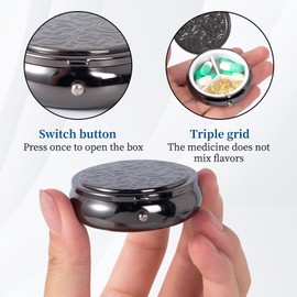 Metal Three Grid Pill Box, Travel Takeaway Pill Box, Mini Metal Pill Box with Patterned Surface (1 Pack Black)
