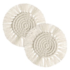 CRAFFANCY 2Pcs Woven Coasters, Round Macrame Absorbent Coasters Drink Cotton Boho Coaster with Tassels Table Decoration Coaster Set for Home Office Bar, Style 1