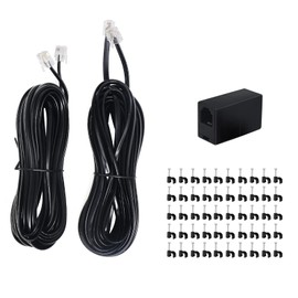 (2+1+50 Pack) 2PCS 65ft Flat Telephone Cables with Standard Rj11 Plug and 1 6P4C Inline Keystone Jack and 50 PCS Wire Cord Tie Holders