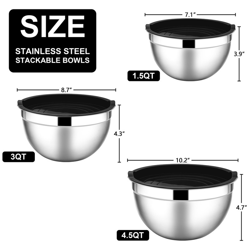 E-far Mixing Bowls with Lids, 6-Piece Stainless Steel Salad Bowls