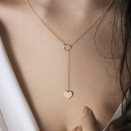 DoubleNine Heart Dainty Gold Necklace Boho Delicate Minimalist Layering Y Shaped Lariat Chain Necklace for Women Girls
