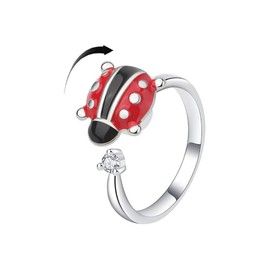 IMINI Rotatable Ladybug Ring Silver Anti Fidget Spinner Anxiety Rings Adjustable Open Statement Stress Relief Stackable Rings Crystal Wedding Jewelry Xmas Cute CZ Gifts for Women Girls (Silver)