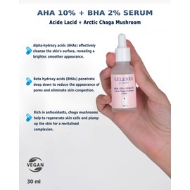 Celenes AHA 8%+BHA 2% + A.Chaga Mushroom & Lactic Acid Serum - Fragrance-Alcohol-Paraben-Free Face Serum for Women & Men - AHA BHA Exfoliator & Acne Serum, AHA/BHA exfoliant & Night Face Peel, 30ml