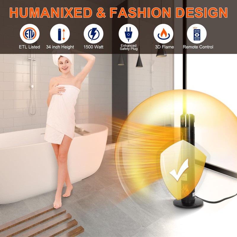 CAYNEL Tower Ceramic & Flame Heater with 3D Flame and