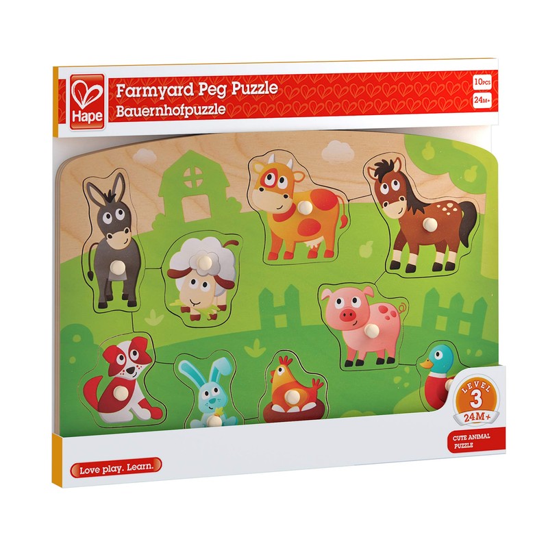 Hape Farmyard Peg Puzzle | 10 Piece Wooden Animal Peg