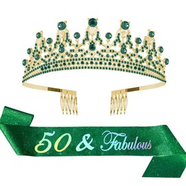 ALRBE TIN 50th Birthday Sash and Tiara Kit - 50 Fabulous Green Sash, Rhinestone Crown, Party Supplies and Decorations Gift Set