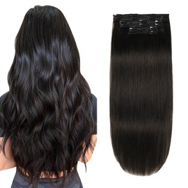 XDhair Clip-in Hair Extensions - Human Hair, Natural Black, 18Inch, 6pcs, 120g, Straight, for Women#1B
