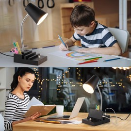 LALISU Study Desk Lamp with USB Charging and Type-C Night Light, Gooseneck LED Table Lamp Stepless Dimming Study Table Lamp with Pen Holder for College Dorm Bedroom and Office (Black)