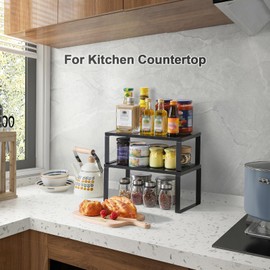 YMYNY Cabinet Shelf Organizer, Countertop Shelves Set of 2, Kitchen Spice Racks, Stackable, Storage Racks for Cupboard, Sink, Pantry, Bathroom, Black, Metal, UHSR002B