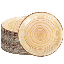 Whaline 50Pcs 9 Inch Wood Grain Disposable Paper Plates Rustic Wood Slice Party Supplies for Camping Woodland Animal Baby Shower Lumberjack Theme Birthday Party Decorations