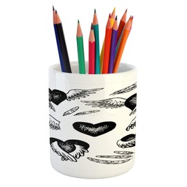Ambesonne Feather Pencil Pen Holder, Romantic Hearts with Wings Valentine's Day Themed Sketch Style Love Image, Printed Ceramic Pencil Pen Holder for Desk Office Accessory, Black and White