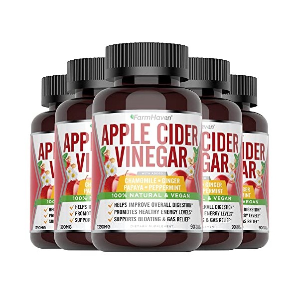Apple Cider Vinegar Capsules with Ginger, Papaya & Chamomile | 1390mg | Improves Digestion, Energy, Immunity | Soothes Gas & Bloating Issues | Like with Mother | Non-GMO & 100% Natural | 450 Capsules
