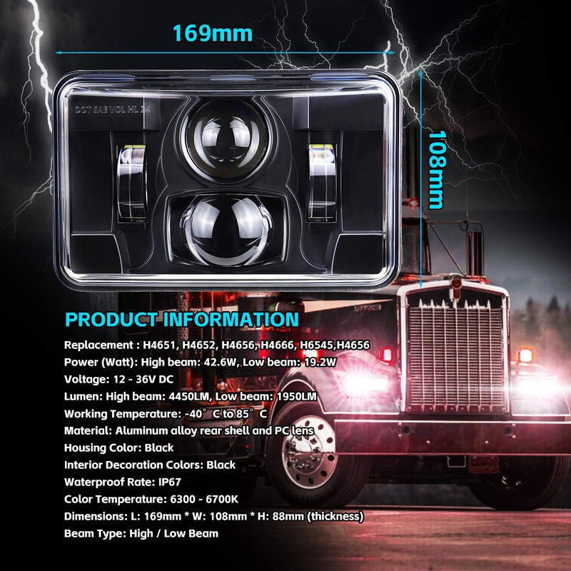 4x6 Inch LED Headlights Rectangular Light DOT Approved High/Low Beam