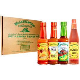 Walkerswood Hot & Savory Sauce Kit - 1 x 6oz Fire Stick Sauce, 1 x 6oz Hot JonKanoo Pepper Sauce, 1 x 6oz Zesty Caribbean One Stop Sauce, 1x 6oz Las'Lick Jerk Sauce