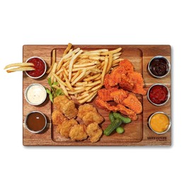 SAUCE•CUTERIE | Double Sided Charcuterie & Sauce Serving Board, (15.1 x 10.5") Acacia Wood Board with 6 Stainless Steel Serving Cups & Silicone Lids