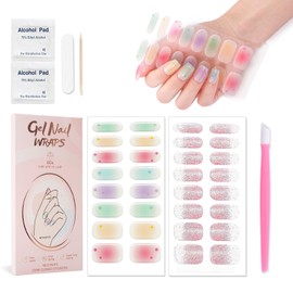 JERCLITY 2 Sheets 32pcs Semi Cured Gel Nail Strips, Gel Nail Wraps Needed LED Lamp to Cured, Ease to Use and Removal, 2 Prep Pads,1 Nail File,1 Wooden Cuticle Stick(Soft Gradient+Pink Glitter)
