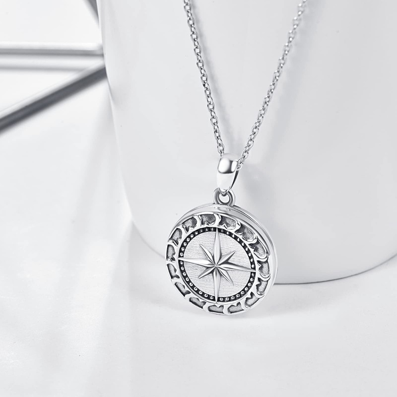 KINGWHYTE Compass Locket Necklace That Holds Pictures Sterling Silver Compass