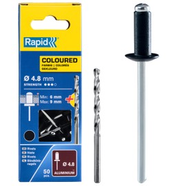 Rapid Blind Rivets Aluminium Black Diameter 4.8 mm 6-9 mm Clamping Range Pack of 50 Rivets Set Including Drill for Blind Rivet Pliers