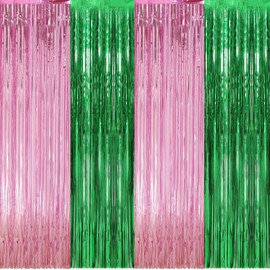 Tinsel Backdrop Foil Fringe Tinsel Curtain Backdrop Pink Green Streamers Party Decorations for Birthday 6.5ft x 3.2ft