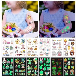 10 Sheets Easter Temporary Tattoos for Kids,Glow In The Dark Bunny Egg and Chick Easter Tattoos,Egg Hunt Activities Spring Party Bag Fillers,Easter Gifts for Children Girls Boys Birthday Supplies