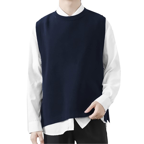 IAN-LIFE Men's Knit Vest, Spring, Summer, Crew Neck, Side Slit,