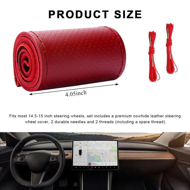 MUQIDA Genuine Leather Steering Wheel Cover, 15 Inches Breathable Stitch